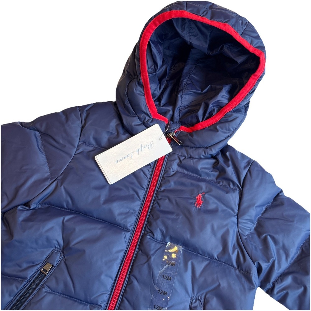POLO RALPH LAUREN Down Puffer Jacket Blue/Red Trim‎ Water Repellent Size 12 M